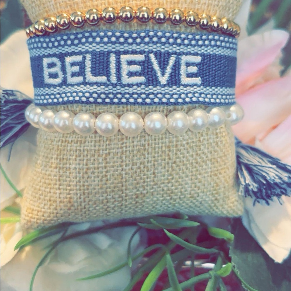 Chic Blue 'Believe' Bracelet with Gold and Pearl Accents